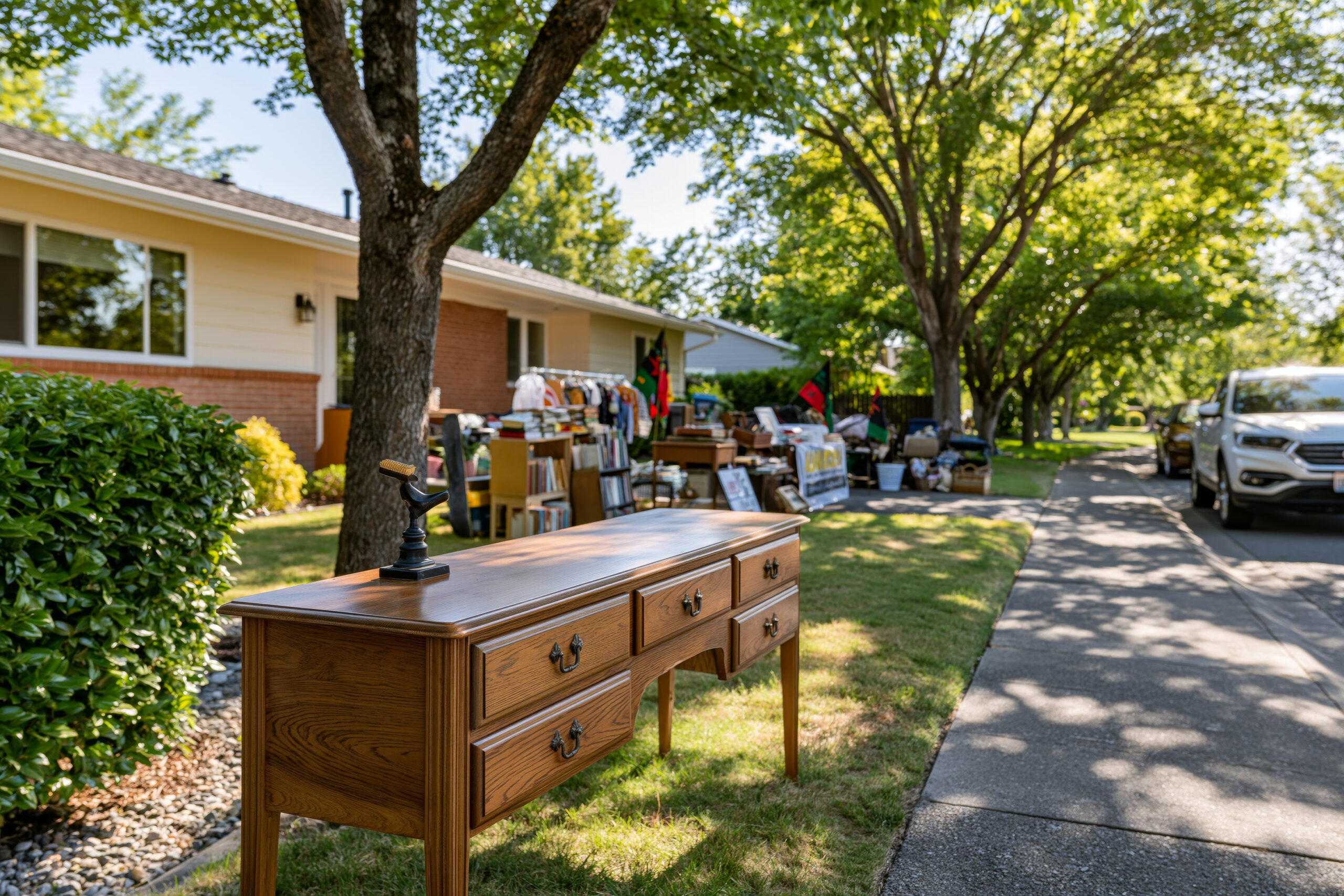 elegant juneteenth themed yard sale in a pristine suburban driveway, carefully displayed furniture, books, clothing, antiques and household goods, tasteful juneteenth flags and celebratory decorations