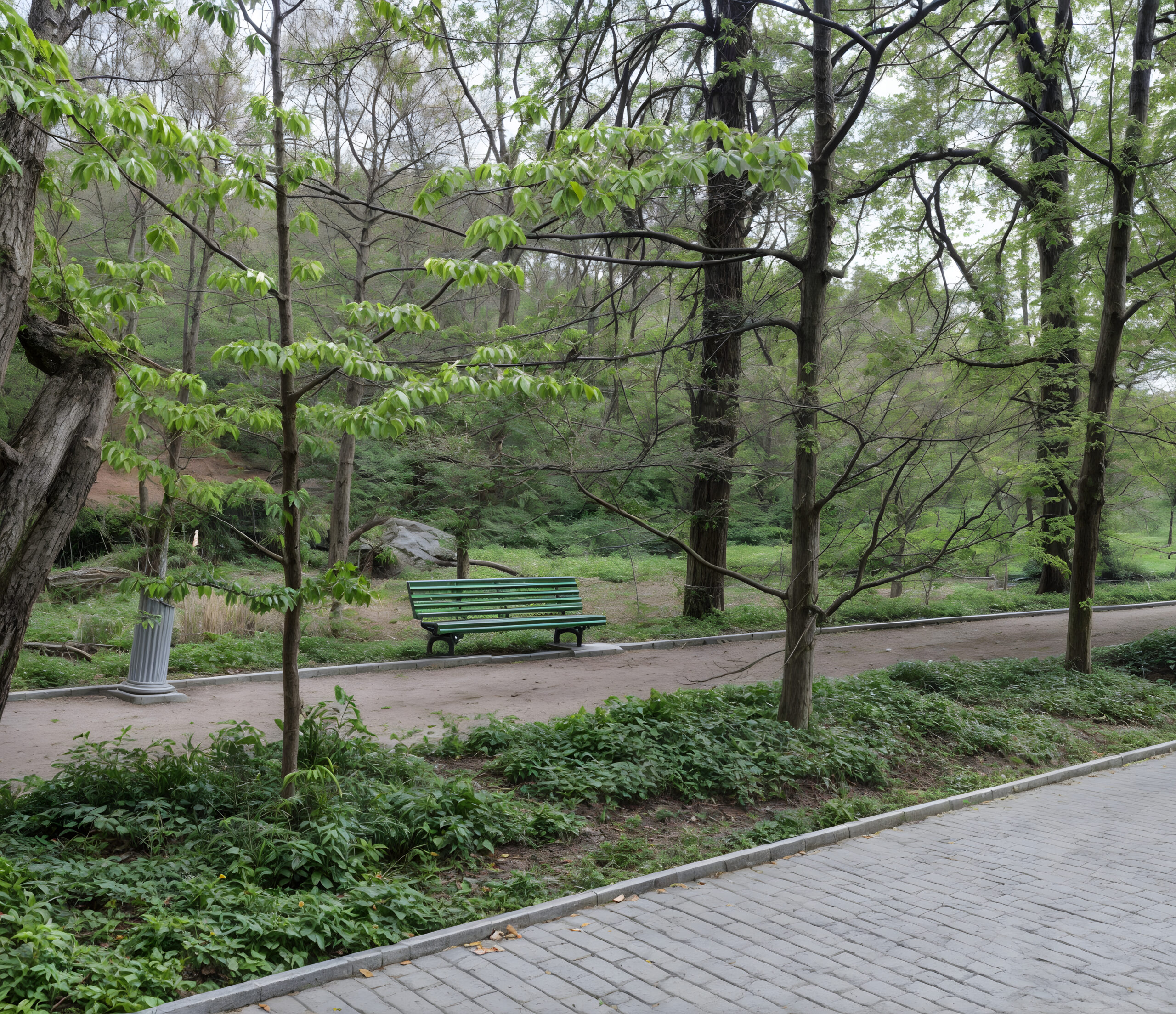 the spring park alley is dotted with neat benches that are so welcome under the first warm sun.